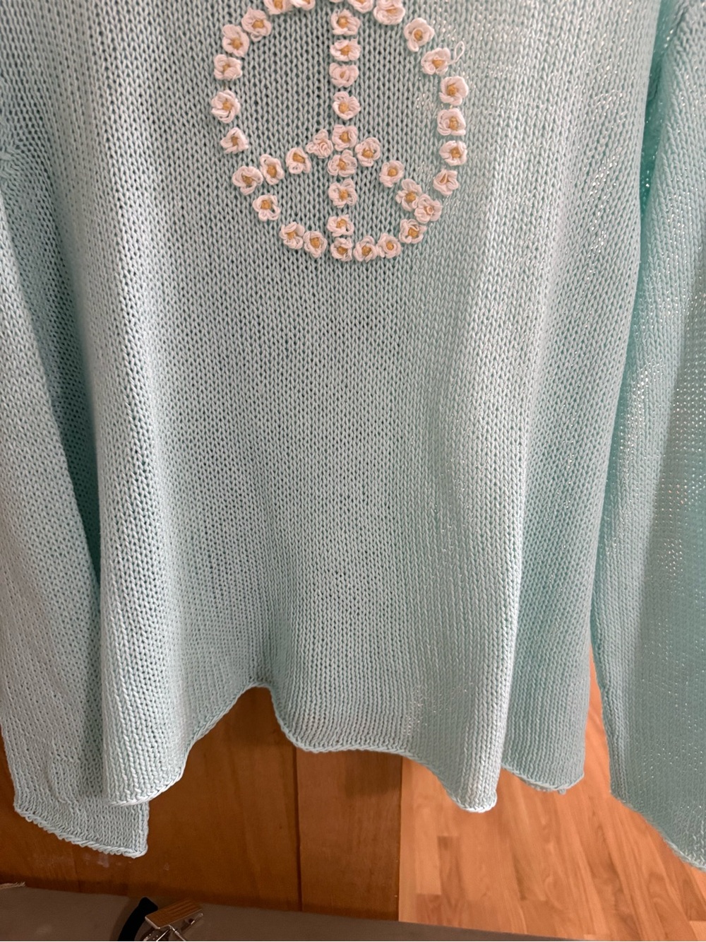 Wooden Ships Mint Aqua Knit Sweater with Floral Peace Motif